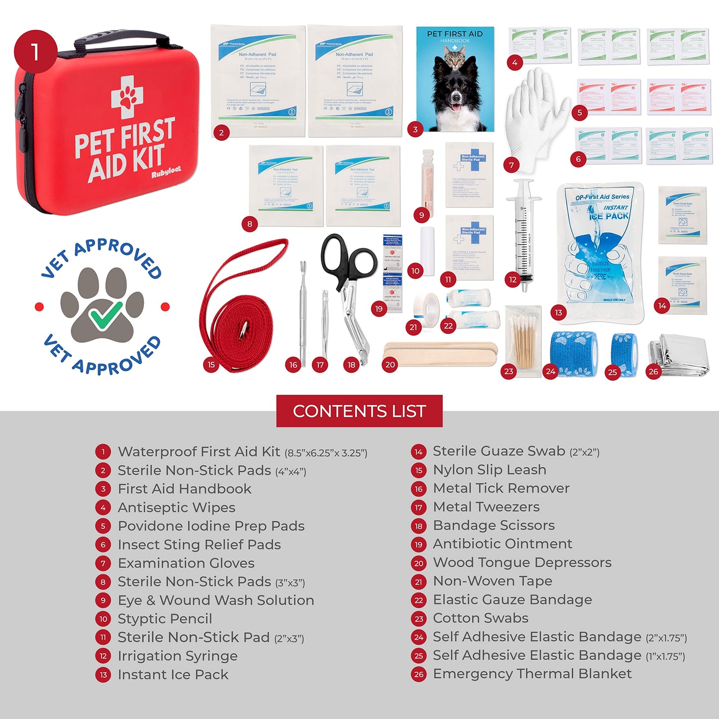 Dog First Aid Kit - Vet Approved Emergency Supplies for Dogs & Cats - Pet First Aid Handbook, Tick Remover, Slip Leash & Medical Essentials for Home, Camping, Car, RV, Travel, Road Trip