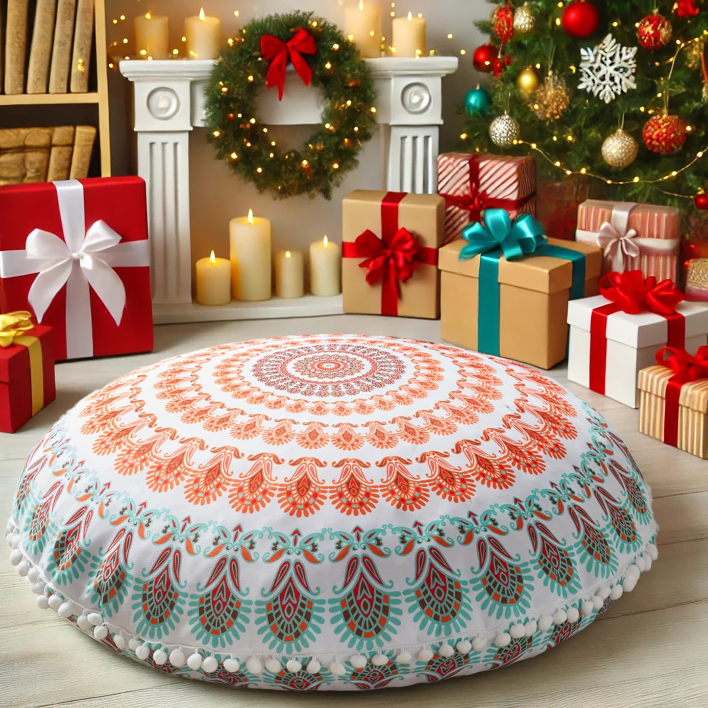 Codi Meditation Floor Pillow, Round Large Pillows Seating for Adults, Bohemian Mandala Circle Cushion for Outdoor Fireplace Yoga Living Room, 32 Inch, Memory Foam Added, Coral