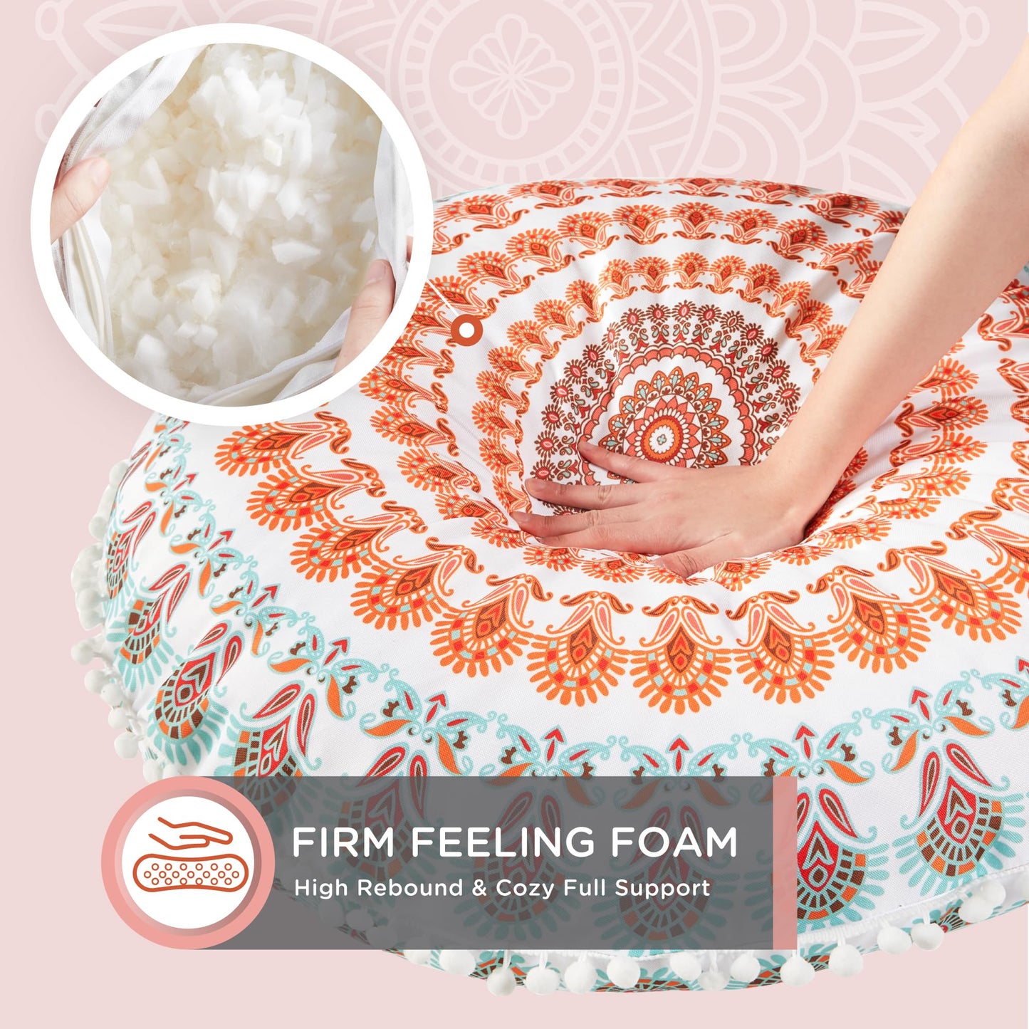 Codi Meditation Floor Pillow, Round Large Pillows Seating for Adults, Bohemian Mandala Circle Cushion for Outdoor Fireplace Yoga Living Room, 32 Inch, Memory Foam Added, Coral