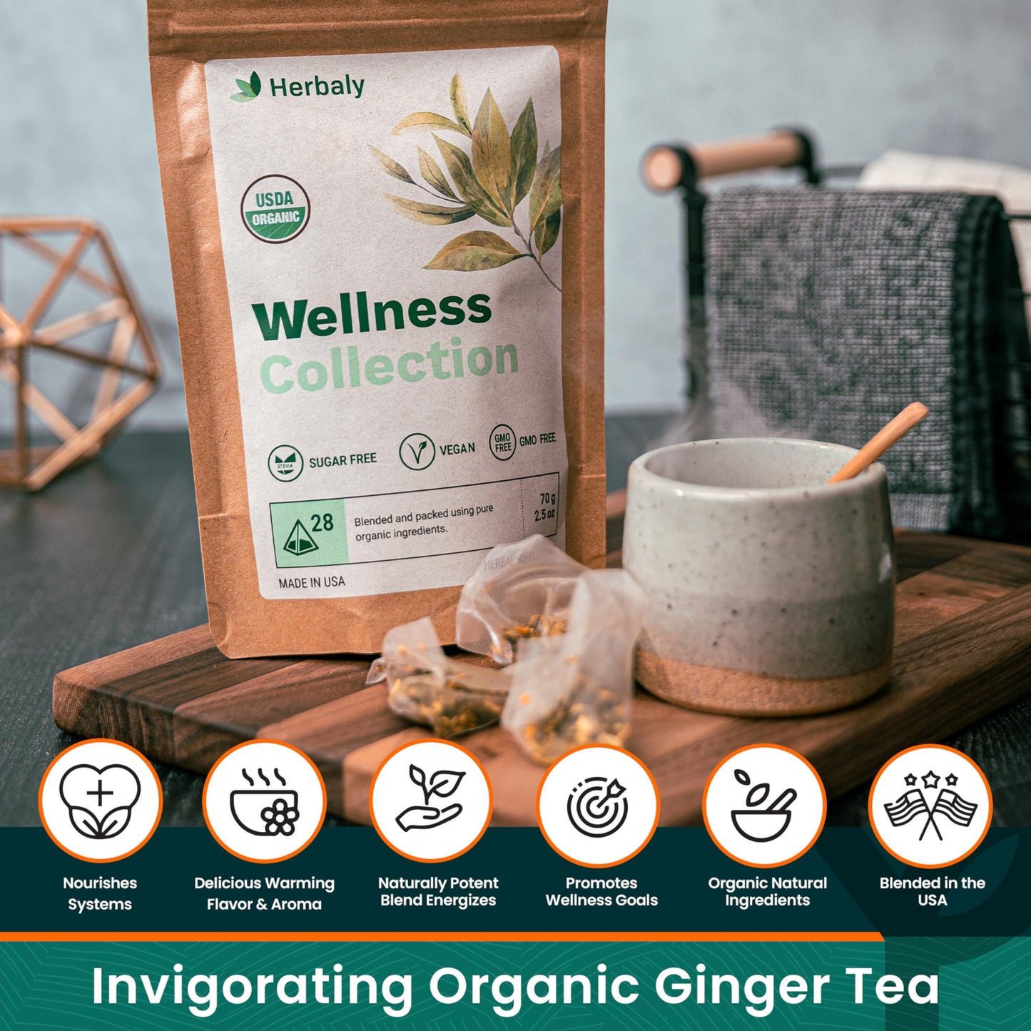 Herbaly Wellness Collection Tea - 8 Active Herbs - Improve General Health, Strengthen Immunity - Natural, Organic, Non-GMO, Vegan, Sugar Free - 2 Pack, 56 Pyramid Tea Bags