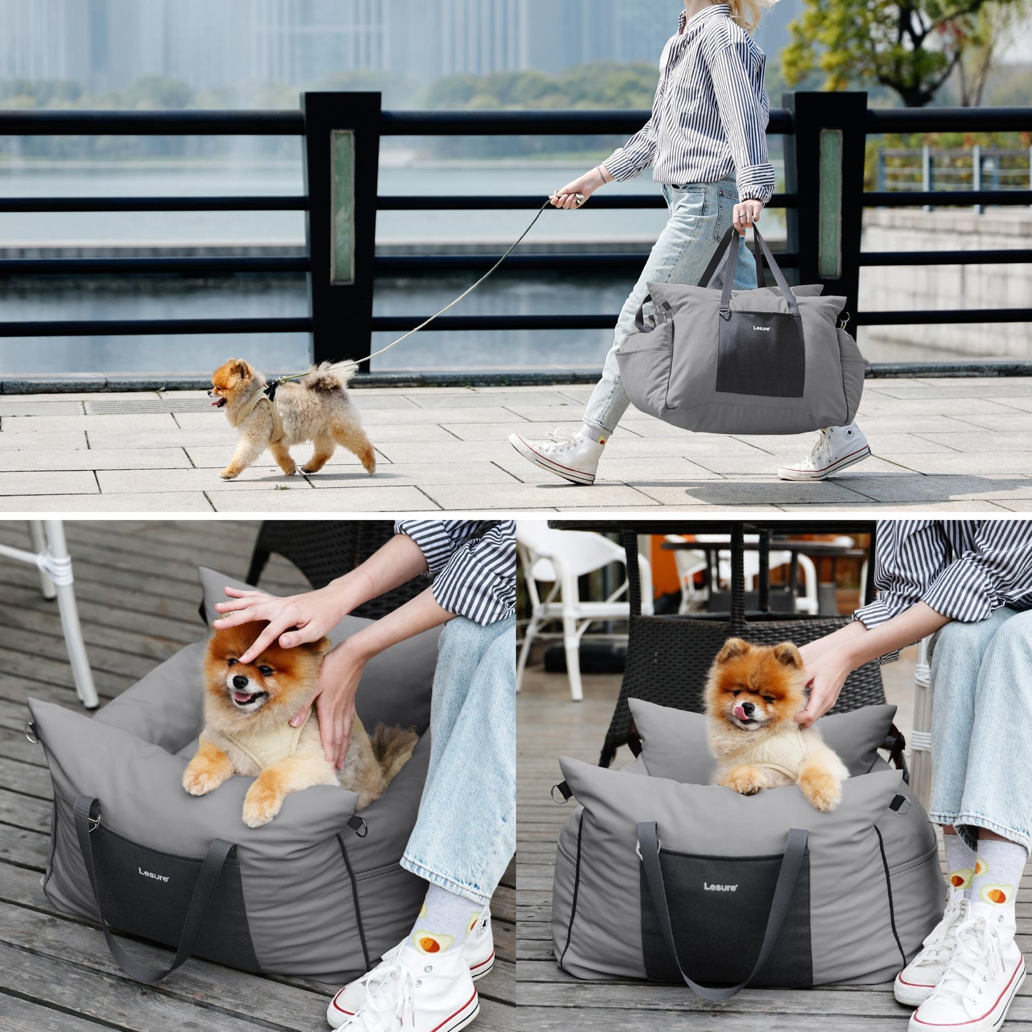 Lesure Small Dog Car Seat for Small Dogs - Waterproof Dog Booster Seat for Car with Storage Pockets and Clip-On Safety Leash and Thickened Memory Foam Filling, Pet Carseat Travel Carrier Bed, Grey