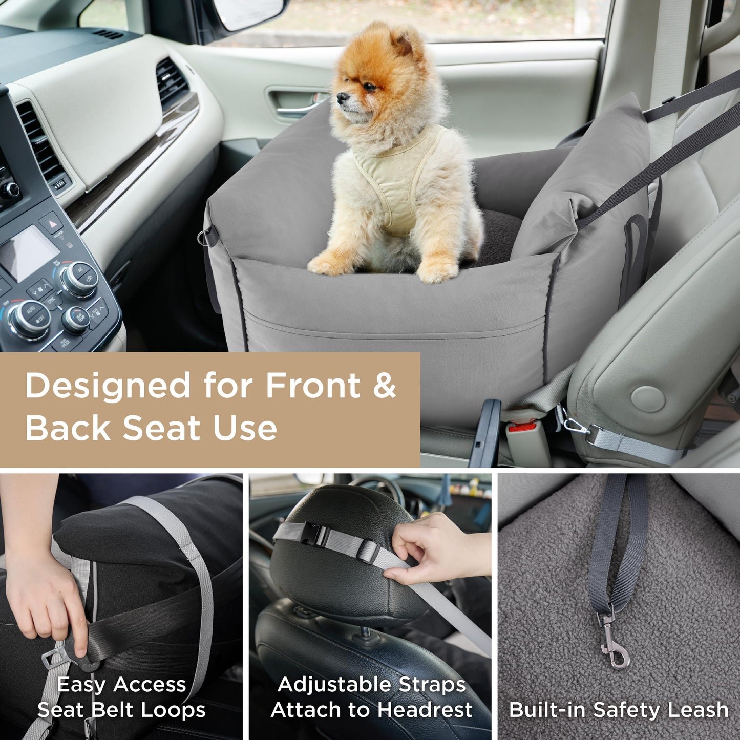 Lesure Small Dog Car Seat for Small Dogs - Waterproof Dog Booster Seat for Car with Storage Pockets and Clip-On Safety Leash and Thickened Memory Foam Filling, Pet Carseat Travel Carrier Bed, Grey