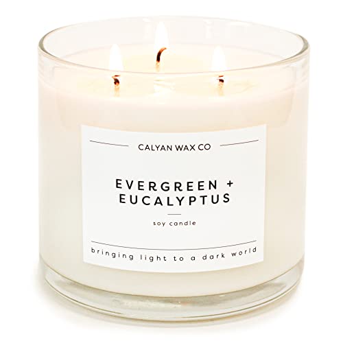 Calyan Wax Soy Wax Candle, Evergreen Eucalyptus, 3 Wick Scented Candle for The Home | Premium Candle with Essential Oils | 14.9 oz Soy Wax, 43 Hour Burn Time, Large Candle in Glass Jar