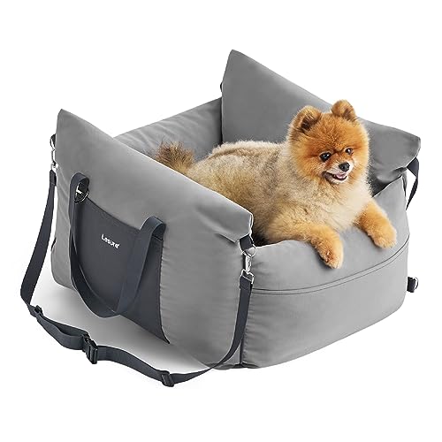 Lesure Small Dog Car Seat for Small Dogs - Waterproof Dog Booster Seat for Car with Storage Pockets and Clip-On Safety Leash and Thickened Memory Foam Filling, Pet Carseat Travel Carrier Bed, Grey