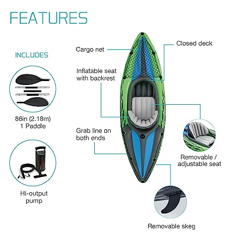 INTEX 68305EP Challenger K1 Inflatable Kayak Set: Includes Deluxe 86in Aluminum Oar and High-Output Pump – Adjustable Seat with Backrest – Removable Skeg – 1-Person – 220lb Weight Capacity