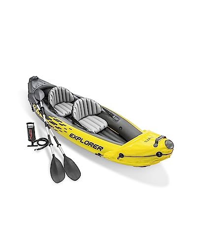 INTEX 68307EP Explorer K2 Inflatable Kayak Set: Includes Deluxe 86in Aluminum Oars and High-Output Pump – SuperStrong PVC – Adjustable Seats with Backrest – 2-Person – 400lb Weight Capacity