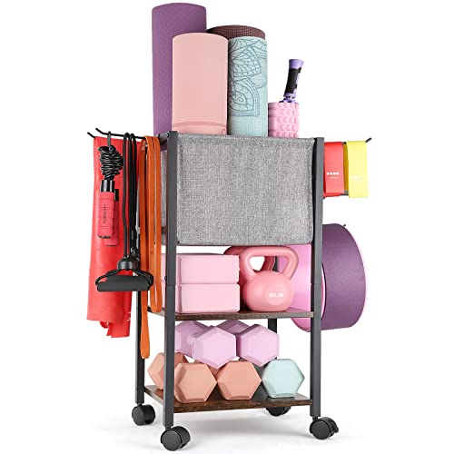 Yoga Mat Storage Rack Home Gym Equipment Workout Equipment Storage Organizer Yoga Mat Holder for Yoga Block,Foam Roller,Resistance Band,Dumbbell,Kettlebell and More Gym Accessories Gym Essentials Women Men Fitness Exercise Equipment Organization with Hook