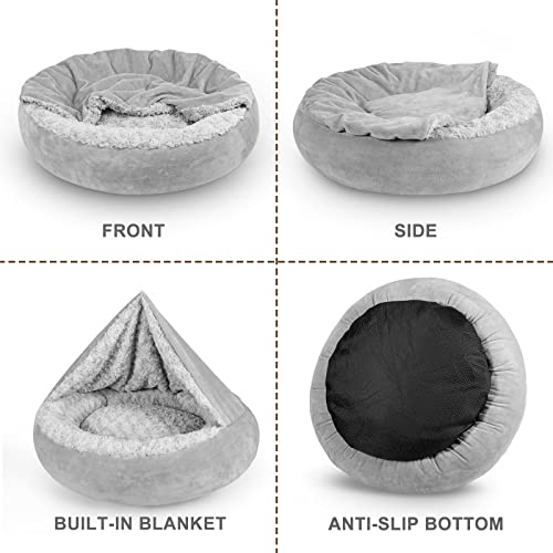 JOEJOY Small Dog Bed Cat Bed with Hooded Blanket, Cozy Cuddler Luxury Puppy Pet Bed, Donut Round Calming Anti-Anxiety Dog Burrow Cave Bed - Anti-Slip Bottom and Machine Washable 23 inch