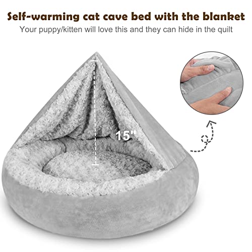 JOEJOY Small Dog Bed Cat Bed with Hooded Blanket, Cozy Cuddler Luxury Puppy Pet Bed, Donut Round Calming Anti-Anxiety Dog Burrow Cave Bed - Anti-Slip Bottom and Machine Washable 23 inch