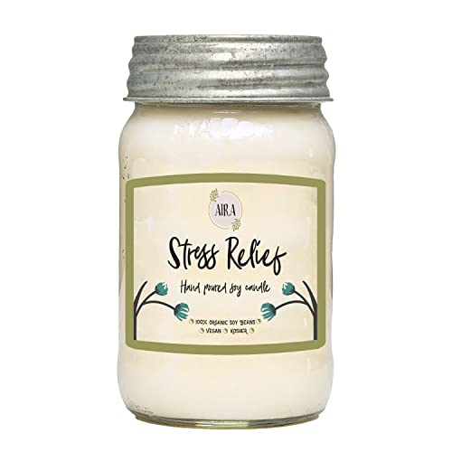 Aira Soy Candles - Organic, Kosher, Vegan, in Mason Jar w/Therapeutic Grade Essential Oil Blends - Hand-Poured 100% Soy Candle Wax - Paraffin Free, Burns 110+ Hours -Relaxing Stress Relief -16 Ounces