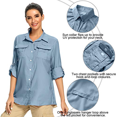 Jessie Kidden Women's UPF 50+ UV Sun Protection Safari Shirt, Long Sleeve Outdoor Cool Quick Dry Fishing Hiking Gardening Shirts (5055 Light Blue M)