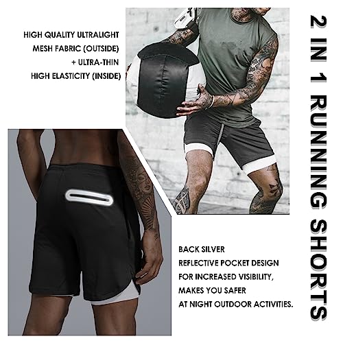 Leidowei Men's 2 in 1 Workout Running Shorts Lightweight Training Yoga Gym 7" Short with Zipper Pockets Black XL