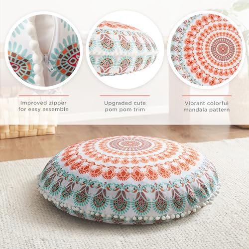 Codi Meditation Floor Pillow, Round Large Pillows Seating for Adults, Bohemian Mandala Circle Cushion for Outdoor Fireplace Yoga Living Room, 32 Inch, Memory Foam Added, Coral