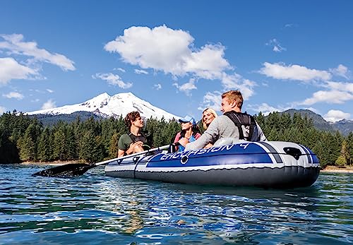 INTEX 68324EP Excursion 4 Inflatable Boat Set: Includes Deluxe 54in Aluminum Oars and High-Output Pump – Adjustable Seats with Backrest – Fishing Rod Holders – 4-Person – 1100lb Weight Capacity