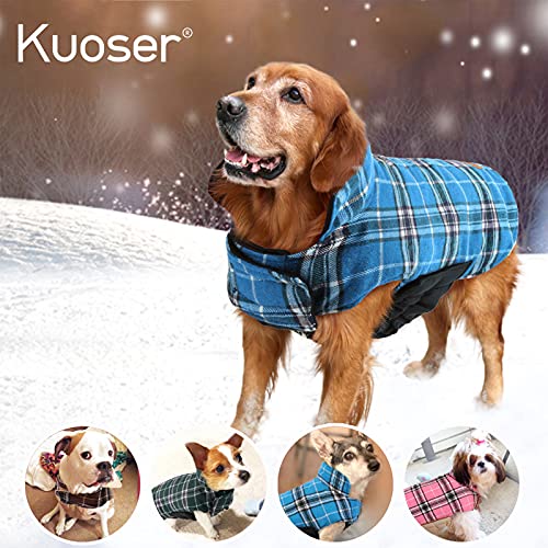 Kuoser Warm Dog Coat, Reversible Dog Jacket Waterproof Dog Winter Coat British Style Plaid Dog Clothes Pet Dog Cold Weather Coats Cozy Snow Jacket Vest for Small Medium Large Dogs Blue M