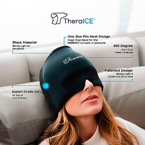 TheraICE Migraine Headache Relief Cap, Hot & Cold Therapy Hat, Cool Gel Head Wrap, Headache Cap Ice Pack Mask, Cold Compress Migraine Relief Products Device for Tension & Stress