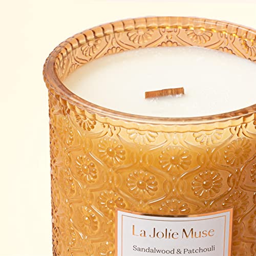 LA JOLIE MUSE Sandalwood Candles, Wood Wick Candle, Sandalwood & Patchouli Candle, Natural Soy Candle, Large Candle for Home Scented, Gift Candle for Women & Men