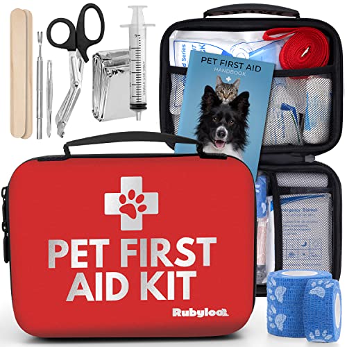 Dog First Aid Kit - Pet First Aid Supplies to Treat Your Dogs & Cats in an Emergency - Includes Pet First Aid Kit Book, Tick Remover, Slip Leash & Medical Essentials for Home, Camping, Car, RV, Travel
