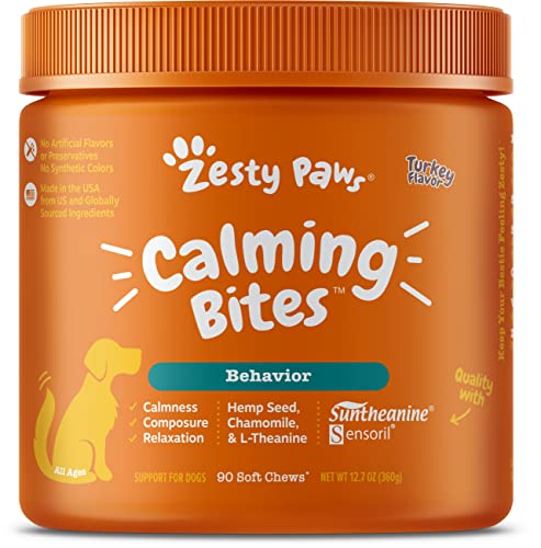 Zesty Paws Calming Chews for Dogs - Composure & Relaxation for Everyday Stress & Separation - with Ashwagandha, Organic Chamomile, L-Theanine & L-Tryptophan – Turkey - 90 Count