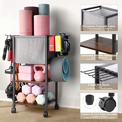 Yoga Mat Storage Rack Home Gym Equipment Workout Equipment Storage Organizer Yoga Mat Holder for Yoga Block,Foam Roller,Resistance Band,Dumbbell,Kettlebell and More Gym Accessories Gym Essentials Women Men Fitness Exercise Equipment Organization with Hook