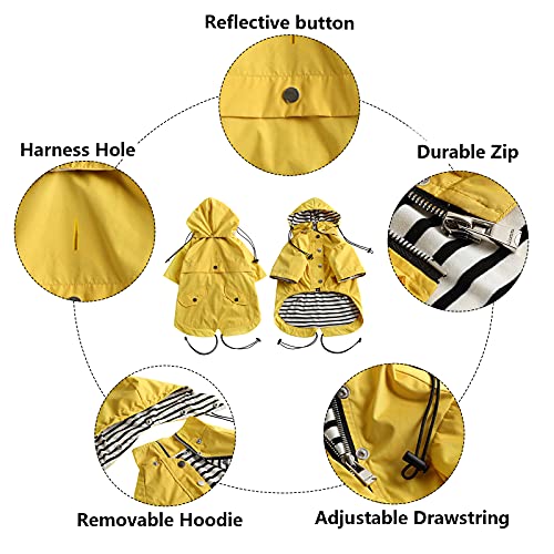 Dog Zip Up Dog Raincoat with Reflective Buttons, Rain/Water Resistant, Adjustable Drawstring, Removable Hood, Stylish Premium Dog Raincoats - Size XS to XXL Available - Yellow - Medium