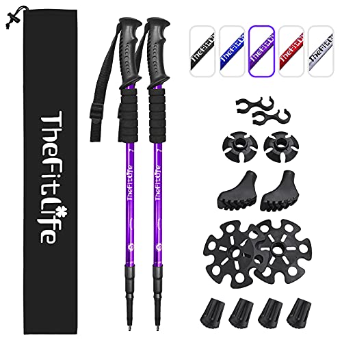 TheFitLife Nordic Walking Trekking Poles - 2 Packs with Antishock and Quick Lock System, Telescopic, Collapsible, Ultralight for Hiking, Camping, Mountaining, Backpacking, Walking, Trekking (Purple)