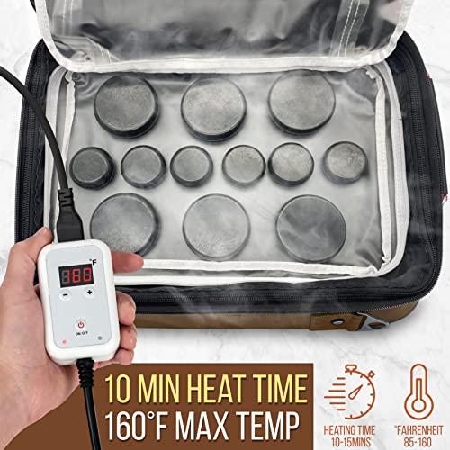 SereneLife Portable Massage Stone Warmer Set - Electric Spa Hot Stones Massager and Heater Kit with 6 Large and 6 Small Round Shaped Basalt Massaging Rocks, Digital Controller Heating Bag