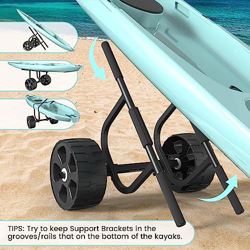GanFindX Heavy-Duty Universal Kayak Cart Dolly Made of Stainless Steel 304 w/Puncture-Free Wheels | 450LBS. Load Capacity Kayak Wheels Cart for Kayaking/Canoeing Convenience | Elastic Webbing Straps