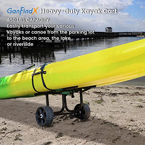 GanFindX Heavy-Duty Universal Kayak Cart Dolly Made of Stainless Steel 304 w/Puncture-Free Wheels | 450LBS. Load Capacity Kayak Wheels Cart for Kayaking/Canoeing Convenience | Elastic Webbing Straps